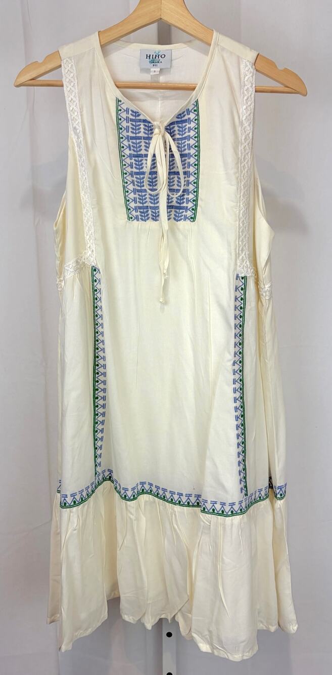 HIHO Tortola BVI Embroidered Sleeveless Dress Tie Neck Off White Blue Size S